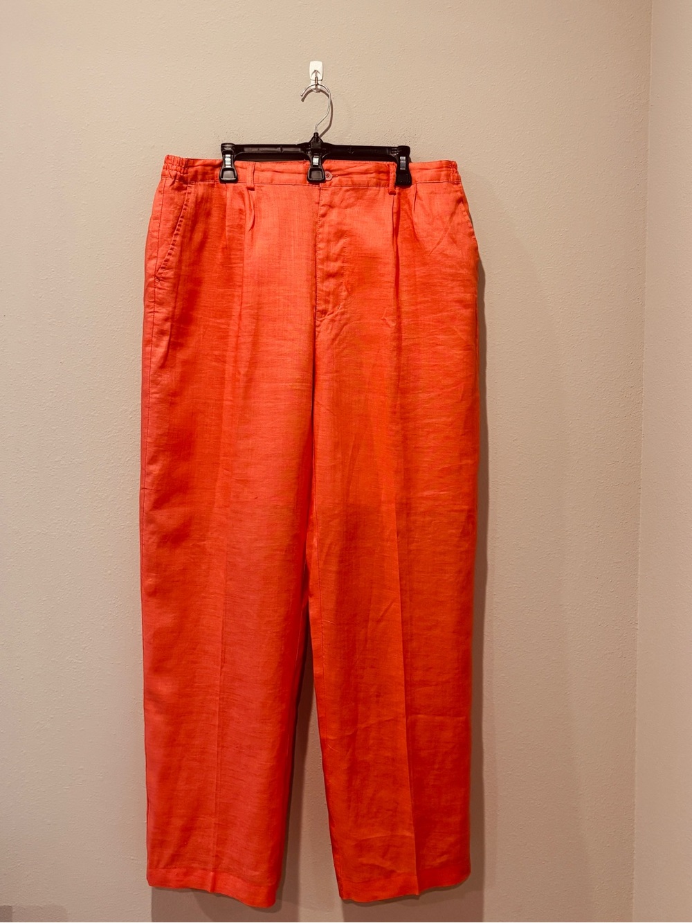 Women’s 100% Linen Coral-Orange Pleated Dress Pants Summer Office Comfy Classic